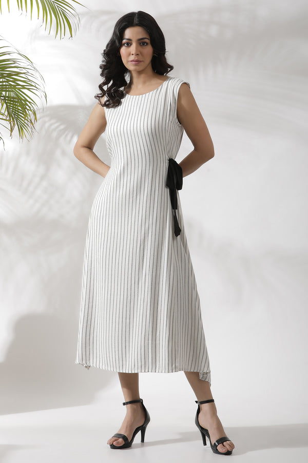 White Sleeveless Long Stripe Printed Cotton Dress