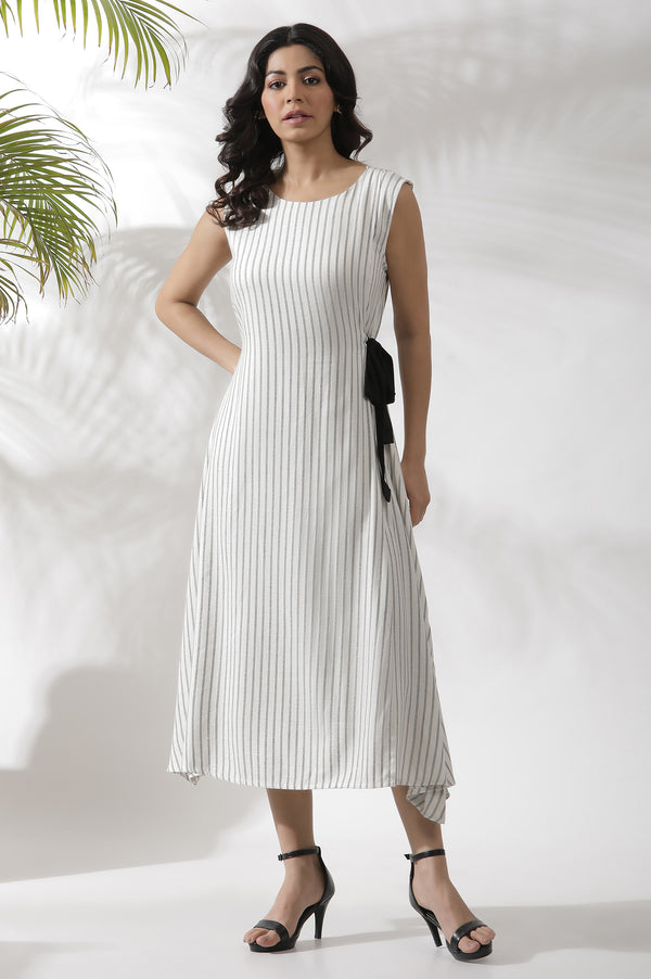 White Sleeveless Long Stripe Printed Cotton Dress
