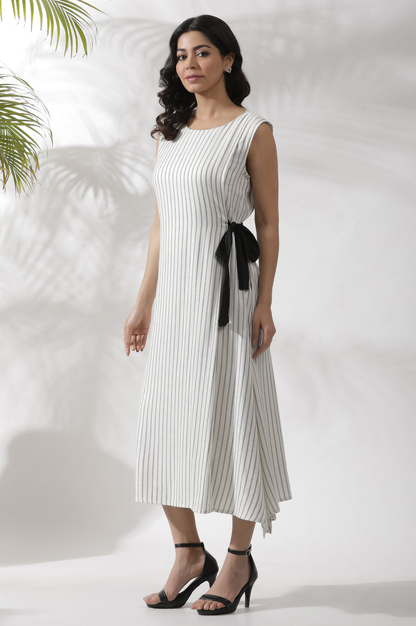 White Sleeveless Long Stripe Printed Cotton Dress