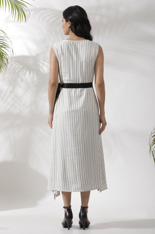 White Sleeveless Long Stripe Printed Cotton Dress