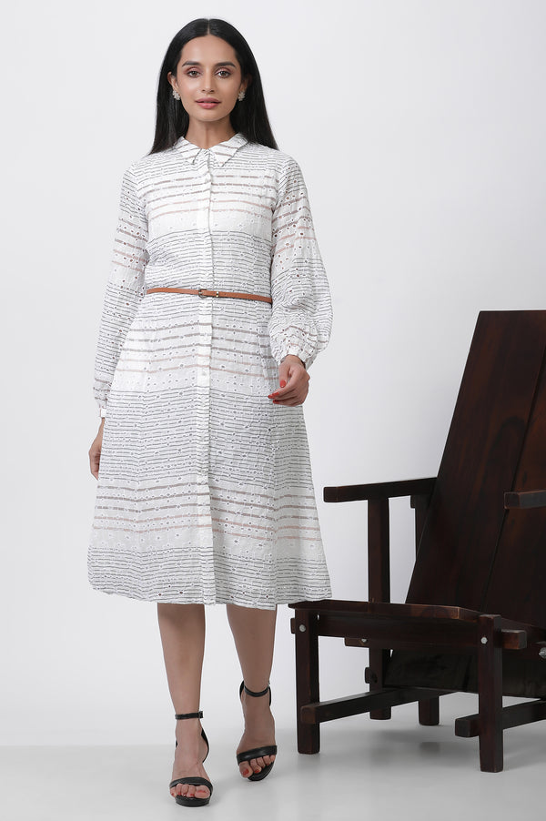 White Striped Cotton Schiffli A-line Dress