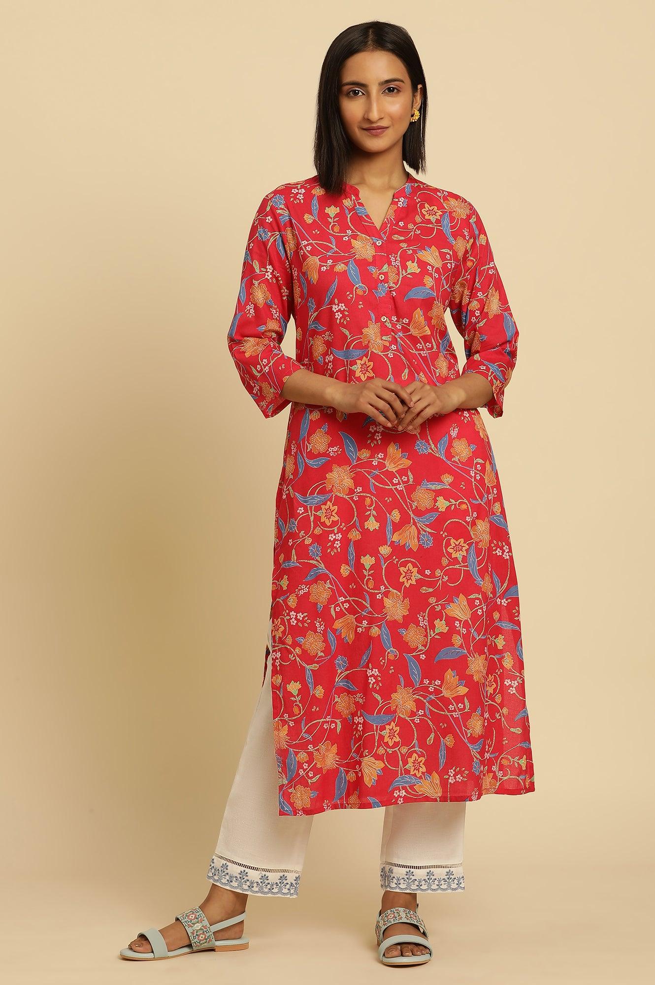 Red Floral Printed Straight Kurta - wforwoman