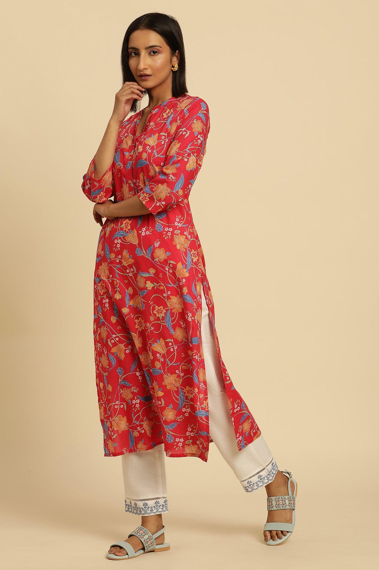 Red Floral Printed Straight Kurta - wforwoman