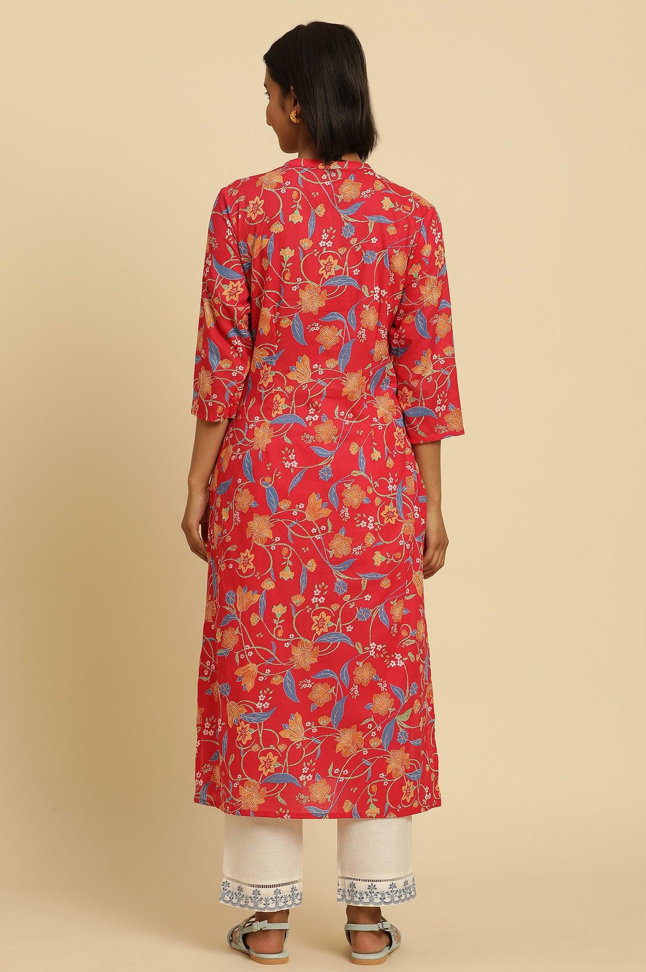 Red Floral Printed Straight Kurta - wforwoman