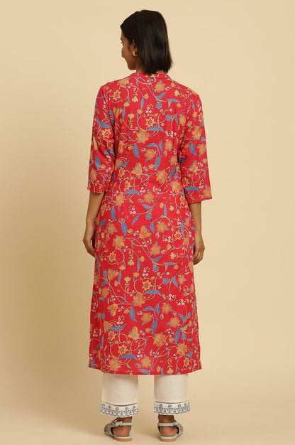 Red Floral Printed Straight Kurta - wforwoman