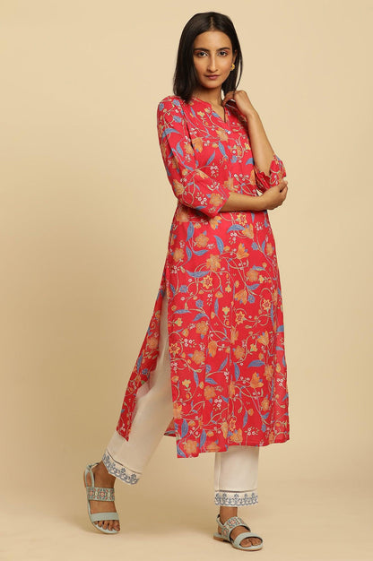 Red Floral Printed Straight Kurta - wforwoman