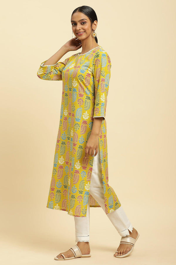 Yellow Floral Printed Cotton Kurta With Lace