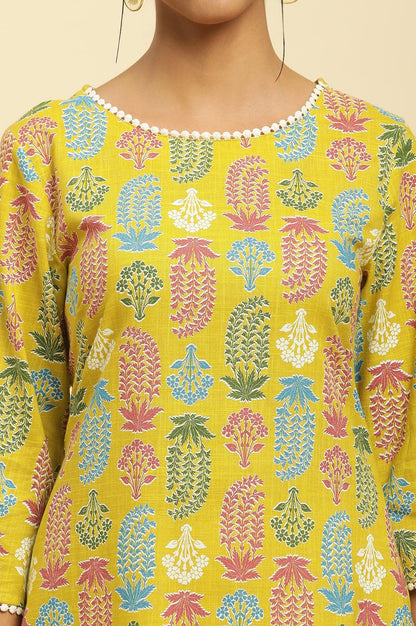 Yellow Floral Printed Cotton Kurta With Lace - wforwoman