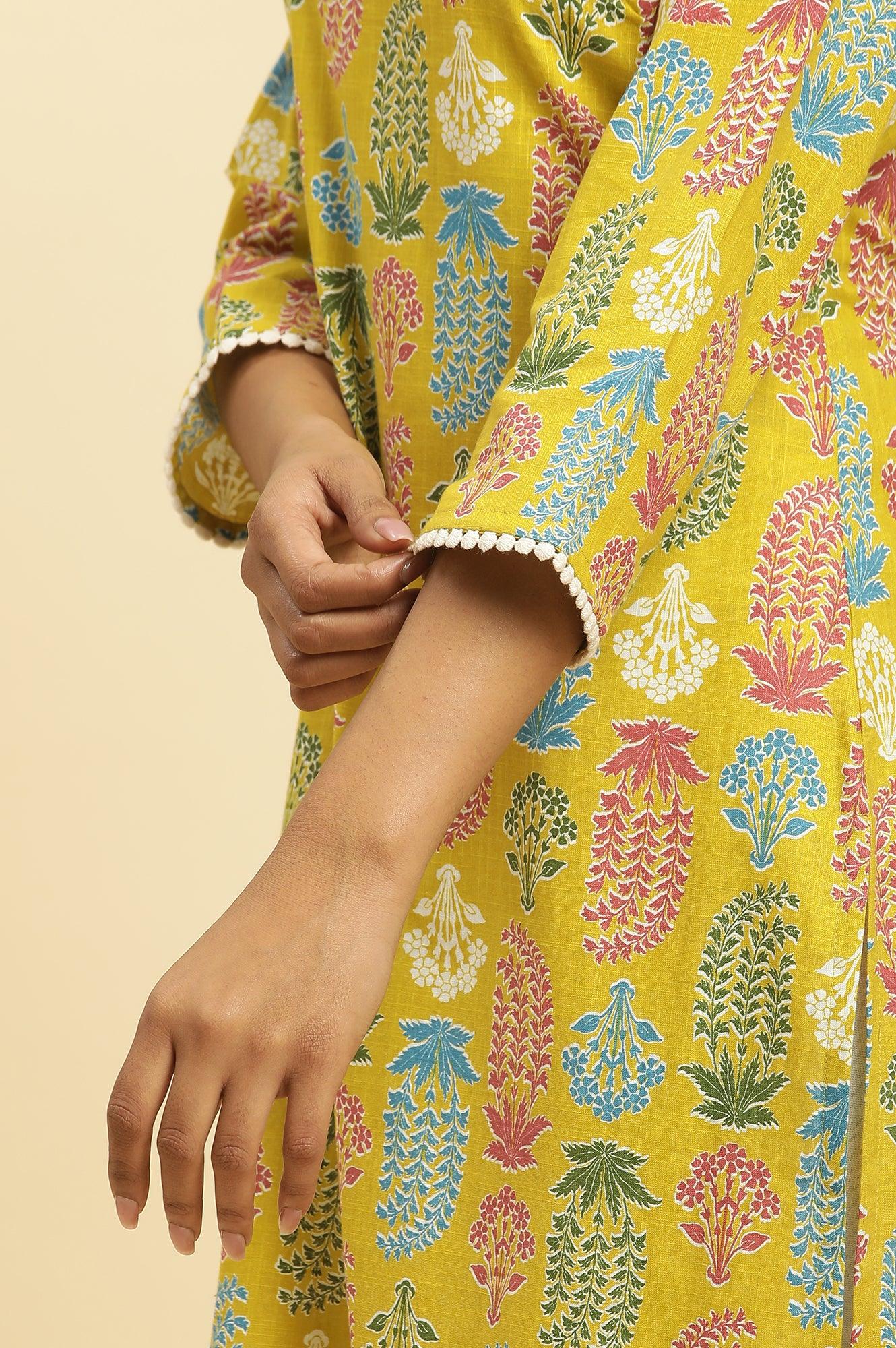 Yellow Floral Printed Cotton Kurta With Lace - wforwoman
