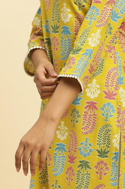 Yellow Floral Printed Cotton Kurta With Lace - wforwoman