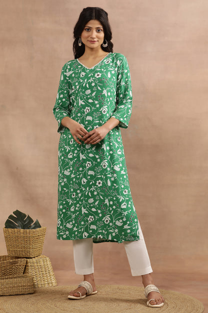 Green Floral Printed Straight V-Neck Kurta