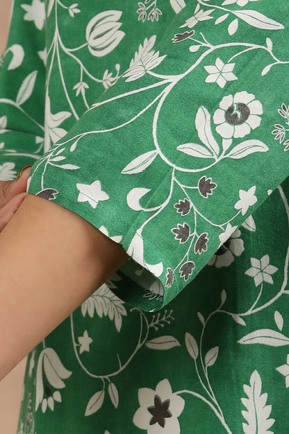 Green Floral Printed Straight V-Neck Kurta