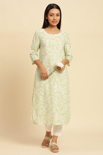 Green Leaf Printed Cotton Kurta - wforwoman