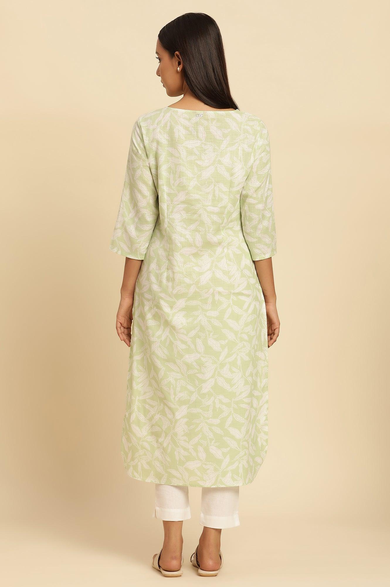 Green Leaf Printed Cotton Kurta - wforwoman