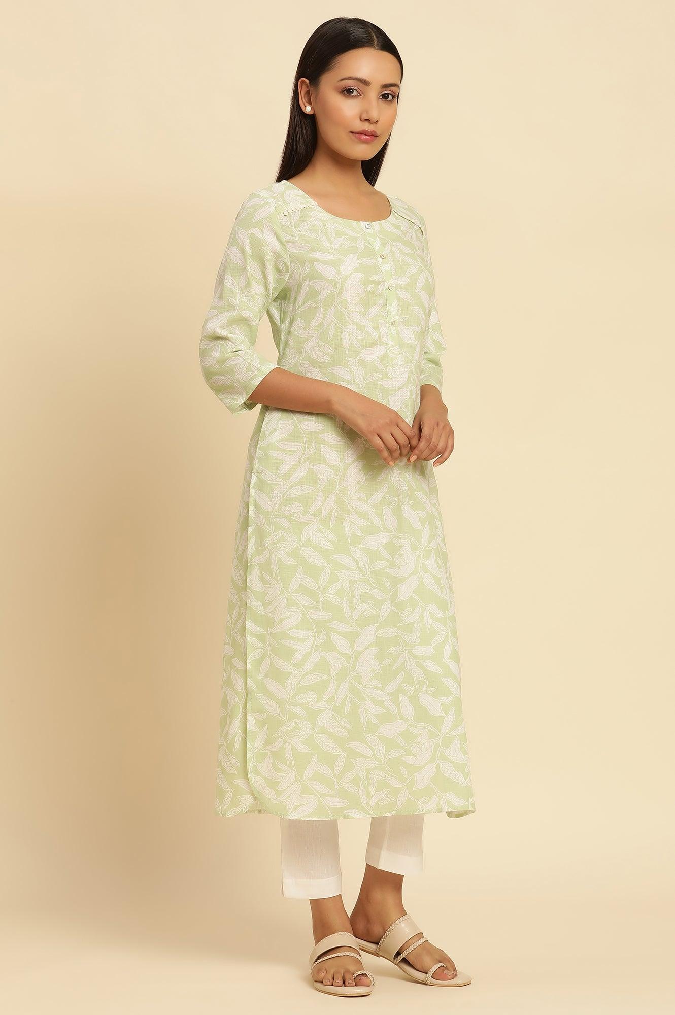 Green Leaf Printed Cotton Kurta - wforwoman