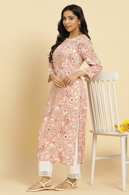 Pink Straight Kurta In White Floral Print - wforwoman