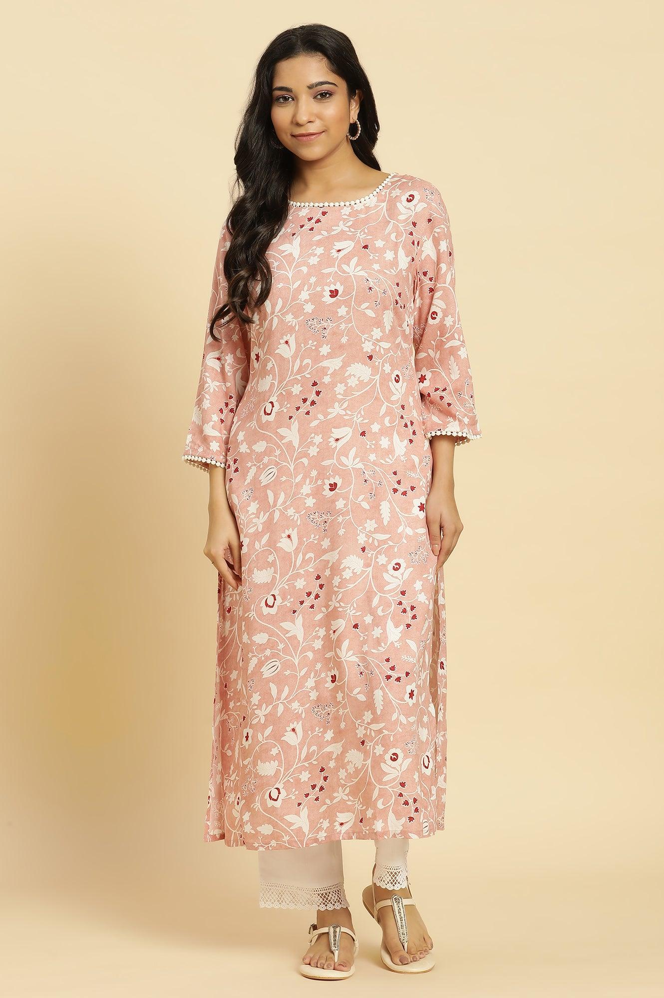 Pink Straight Kurta In White Floral Print - wforwoman