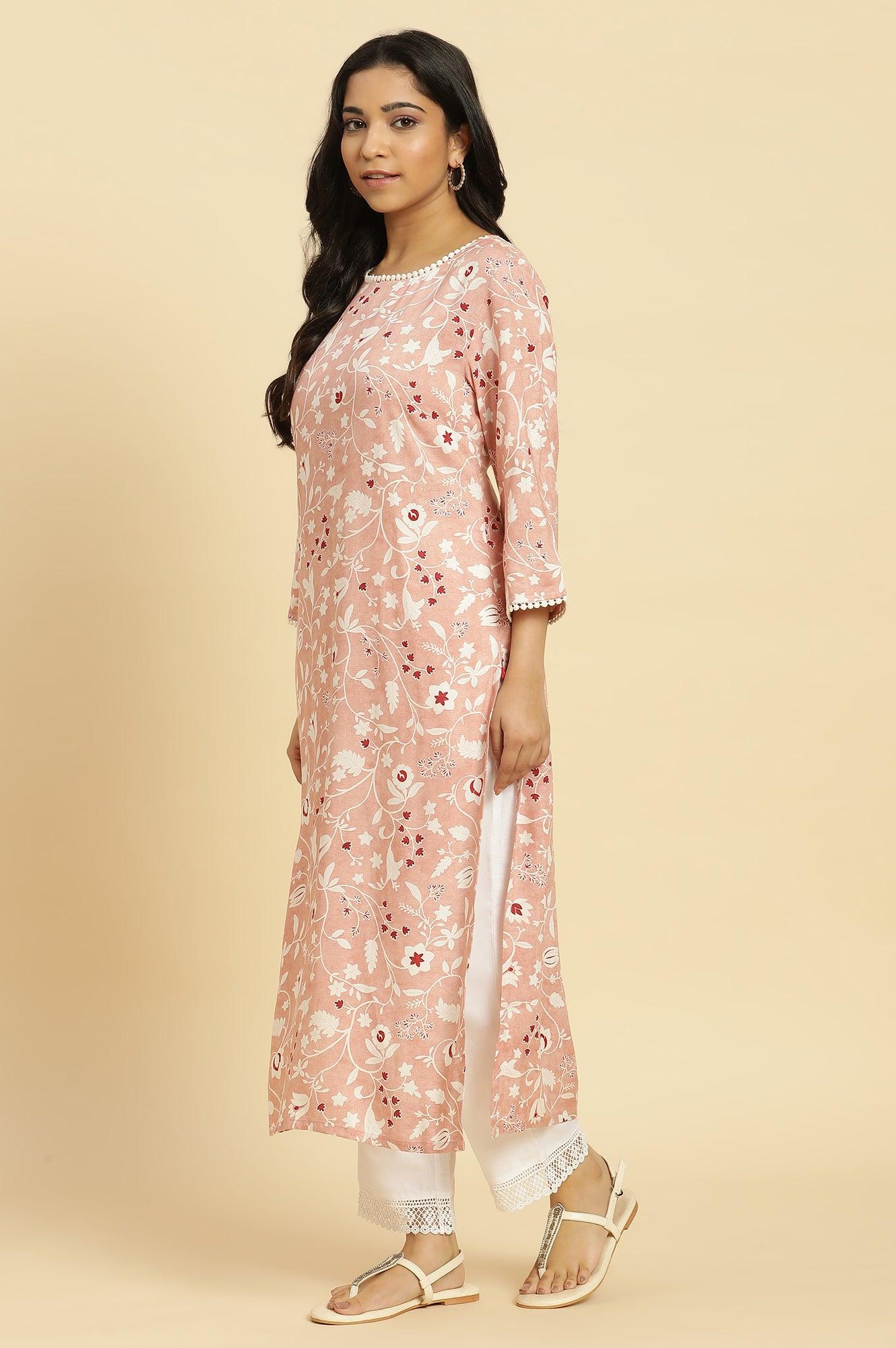 Pink Straight Kurta In White Floral Print - wforwoman