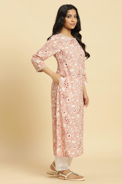 Pink Straight Kurta In White Floral Print - wforwoman