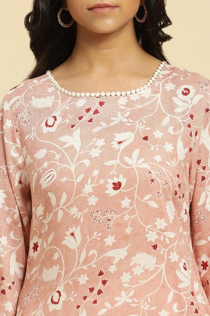 Pink Straight Kurta In White Floral Print - wforwoman