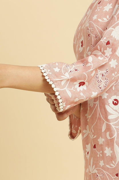 Pink Straight Kurta In White Floral Print - wforwoman