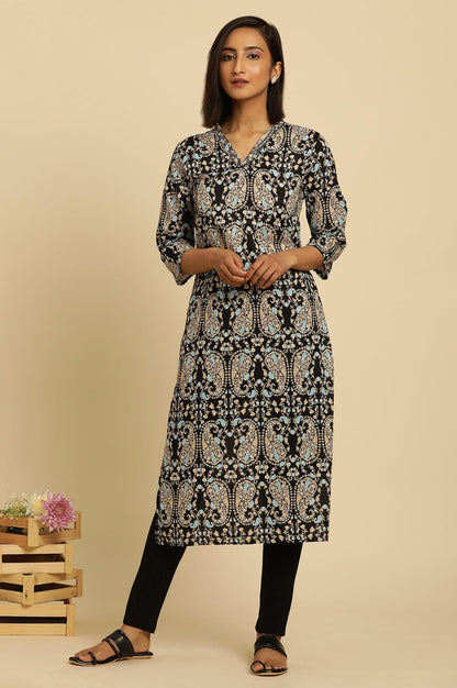 Black Paisley Printed Cotton Kurta - wforwoman