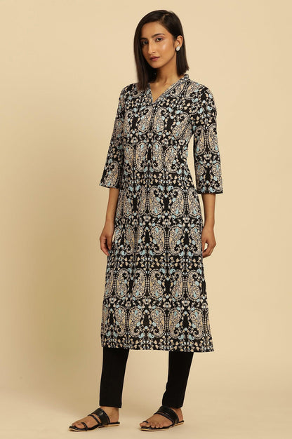 Black Paisley Printed Cotton Kurta - wforwoman