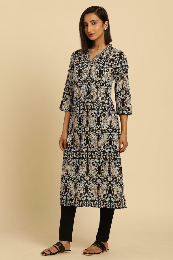 Black Paisley Printed Cotton Kurta