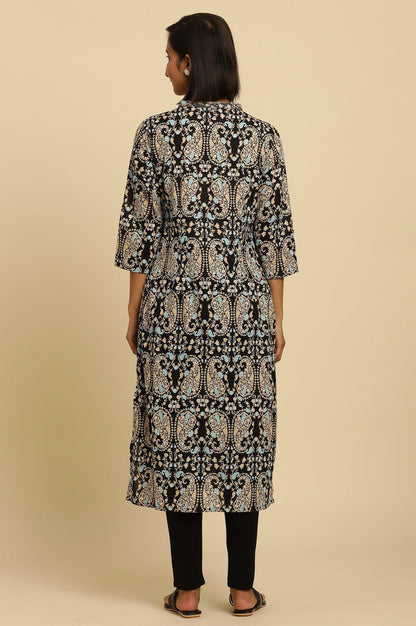 Black Paisley Printed Cotton Kurta - wforwoman