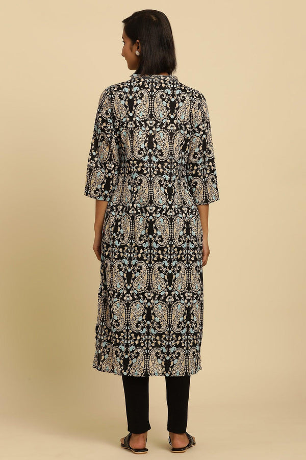 Black Paisley Printed Cotton Kurta