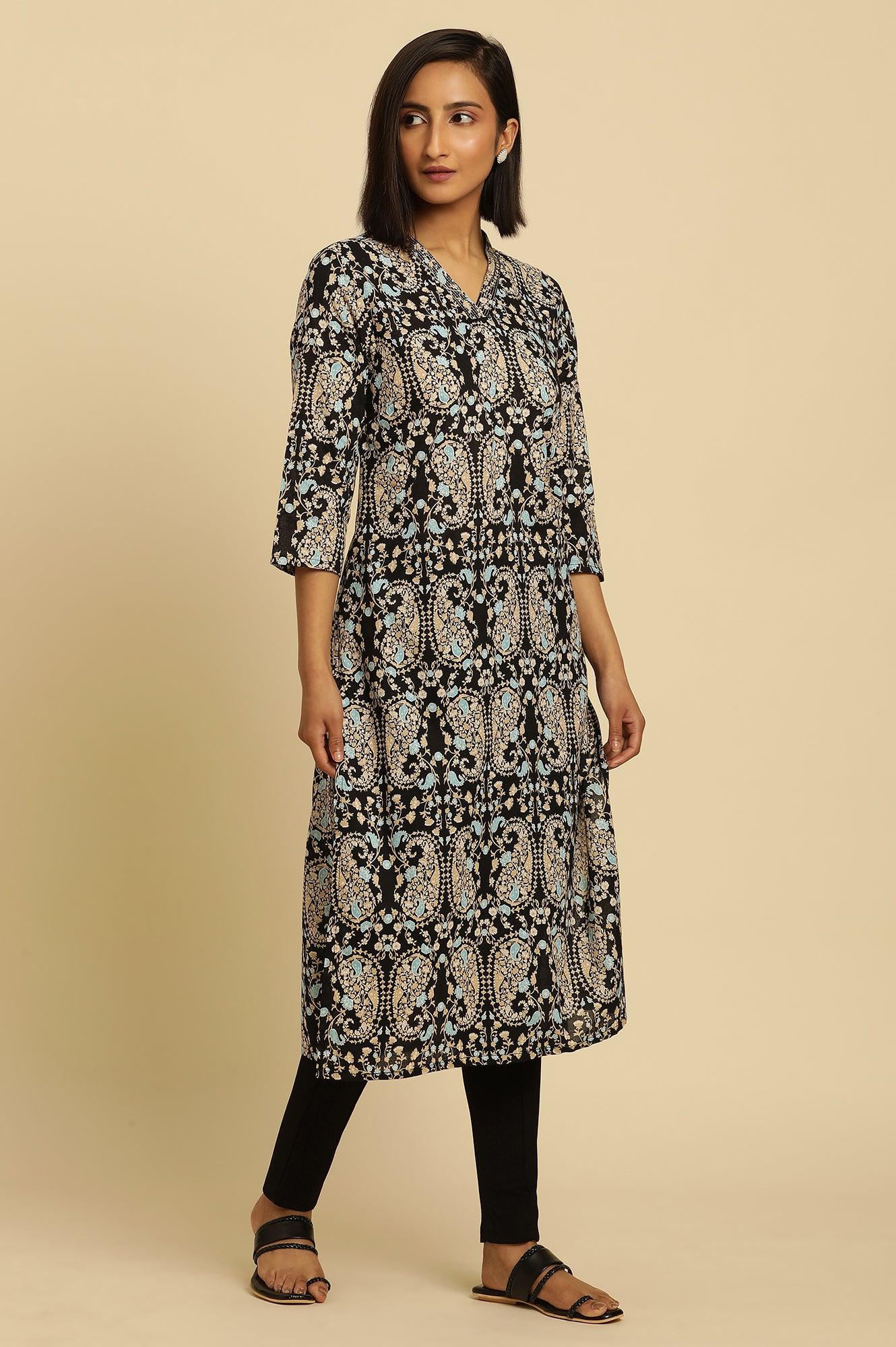 Black Paisley Printed Cotton Kurta - wforwoman