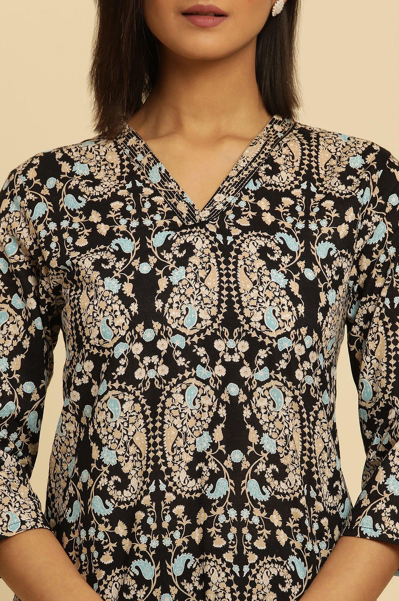 Black Paisley Printed Cotton Kurta - wforwoman