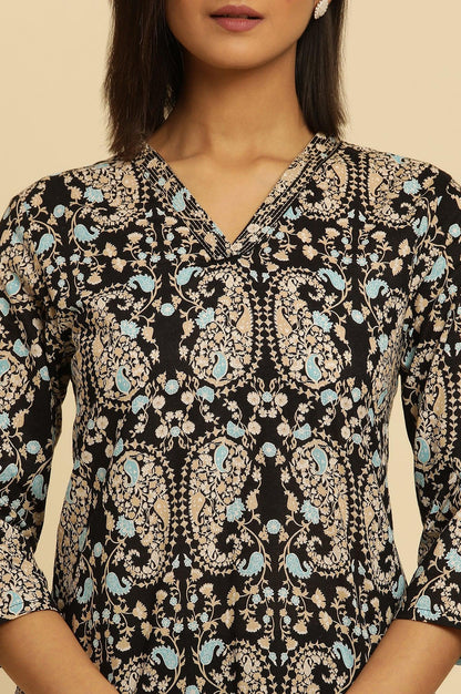 Black Paisley Printed Cotton Kurta - wforwoman