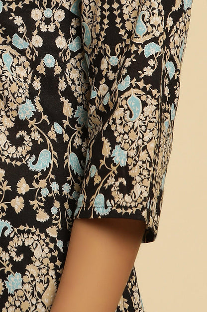 Black Paisley Printed Cotton Kurta - wforwoman