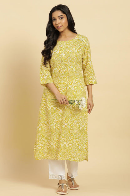 Yellow Floral Printed Cotton Kurta - wforwoman