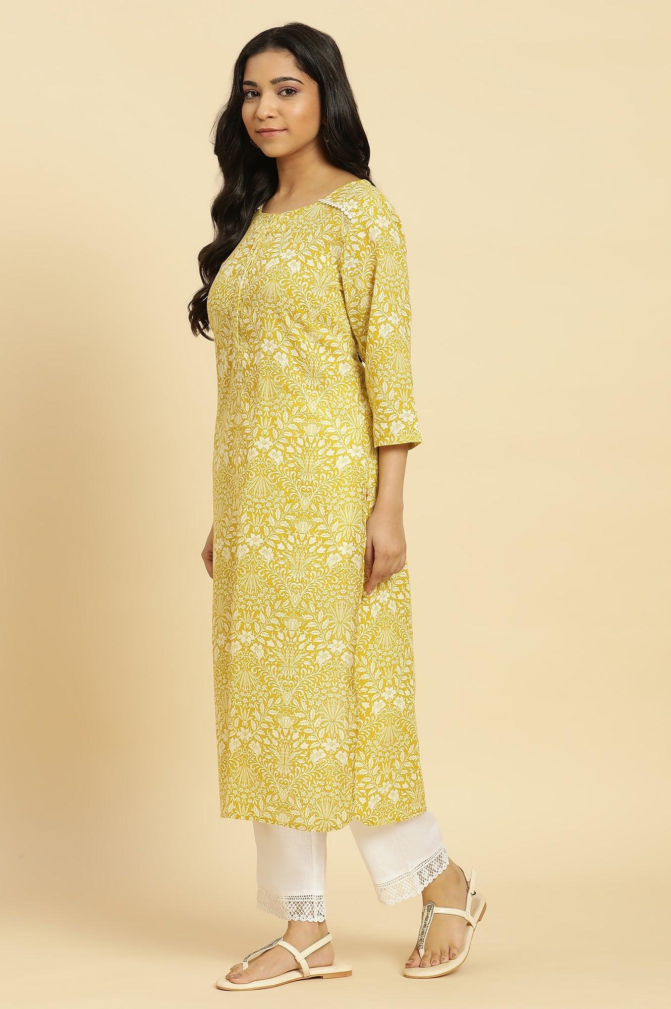 Yellow Floral Printed Cotton Kurta - wforwoman
