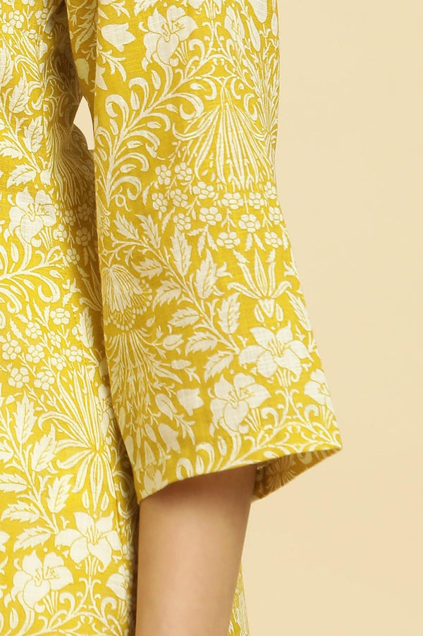Yellow Floral Printed Cotton Kurta