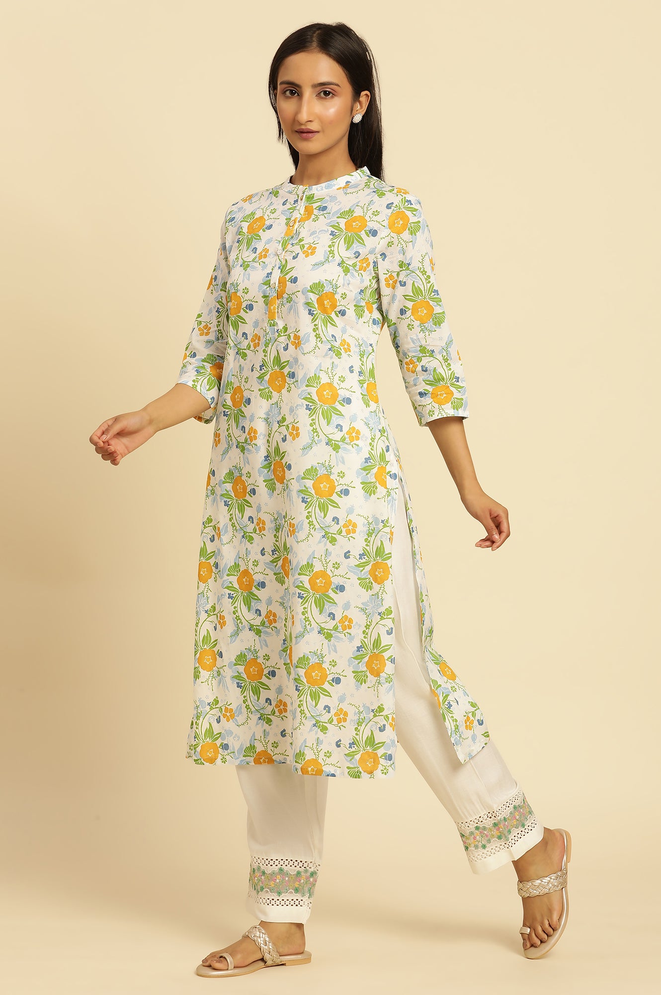White Straight Kurta With Multi-Coloured Floral Print