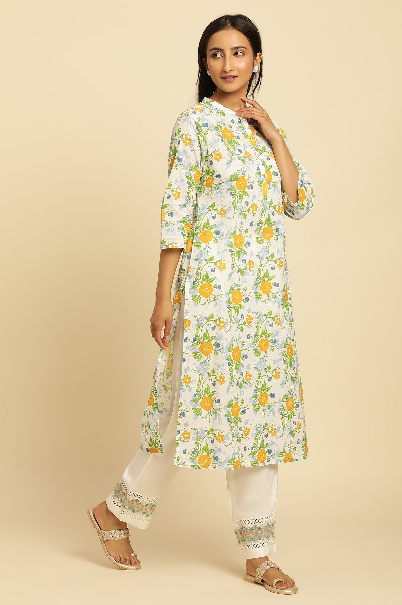 White Straight Kurta With Multi-Coloured Floral Print