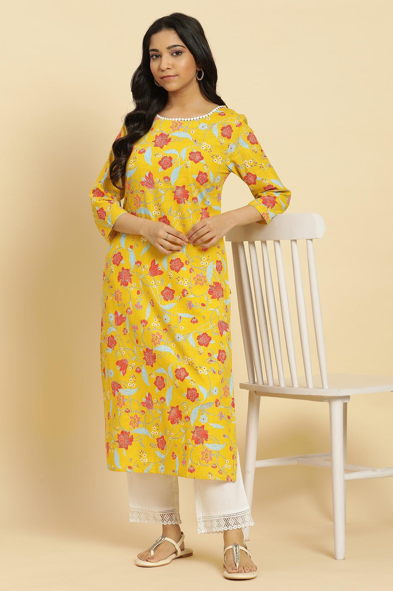 Yellow Straight Kurta With Multi-Coloured Floral Print - wforwoman