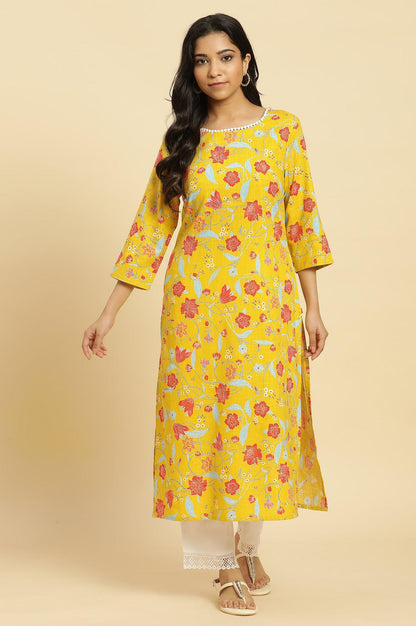 Yellow Straight Kurta With Multi-Coloured Floral Print - wforwoman
