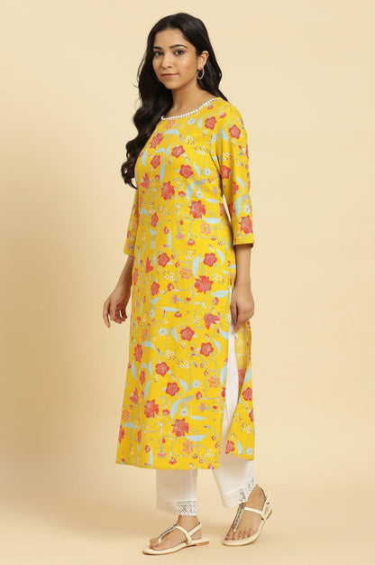 Yellow Straight Kurta With Multi-Coloured Floral Print - wforwoman