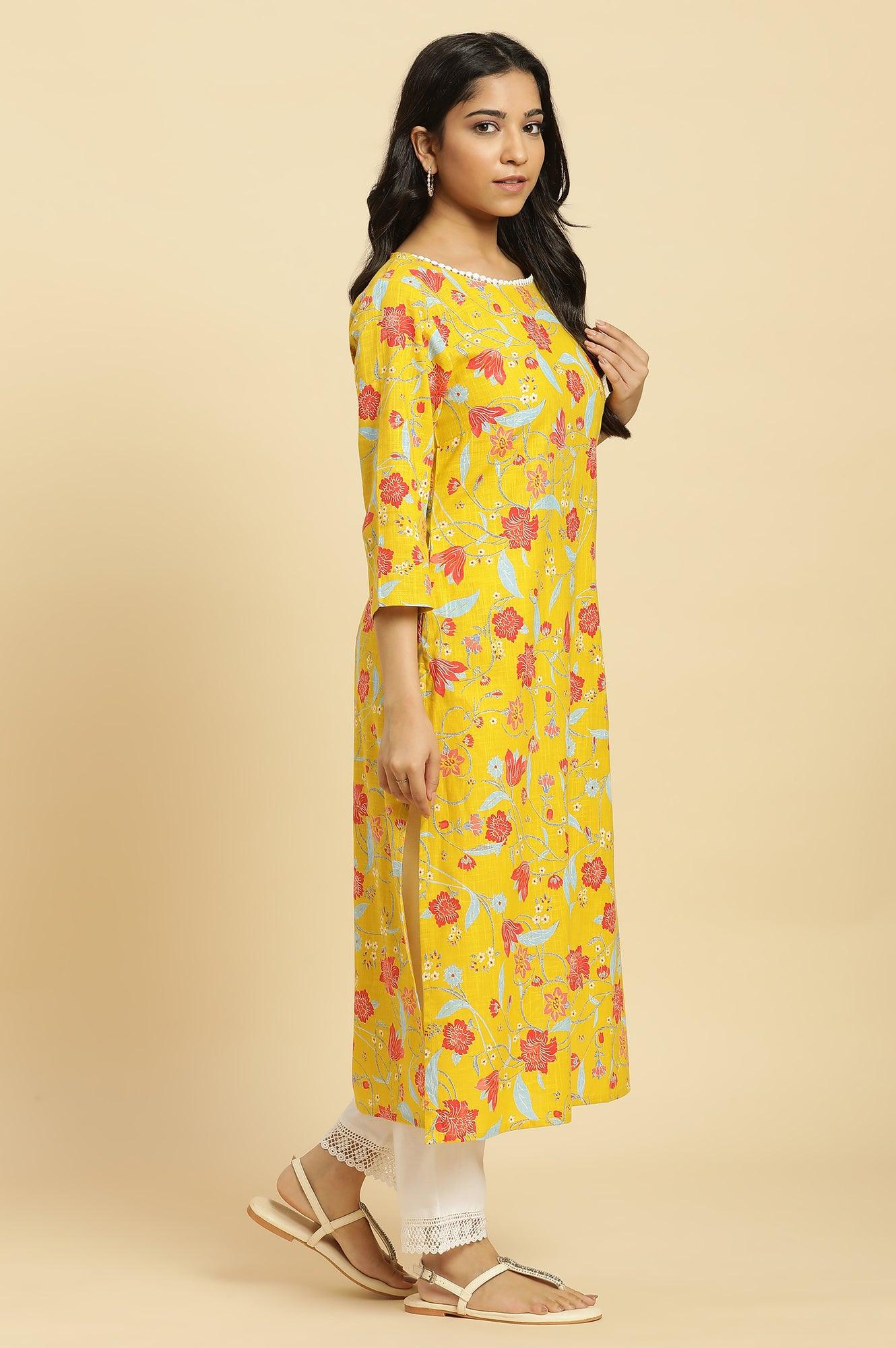 Yellow Straight Kurta With Multi-Coloured Floral Print - wforwoman