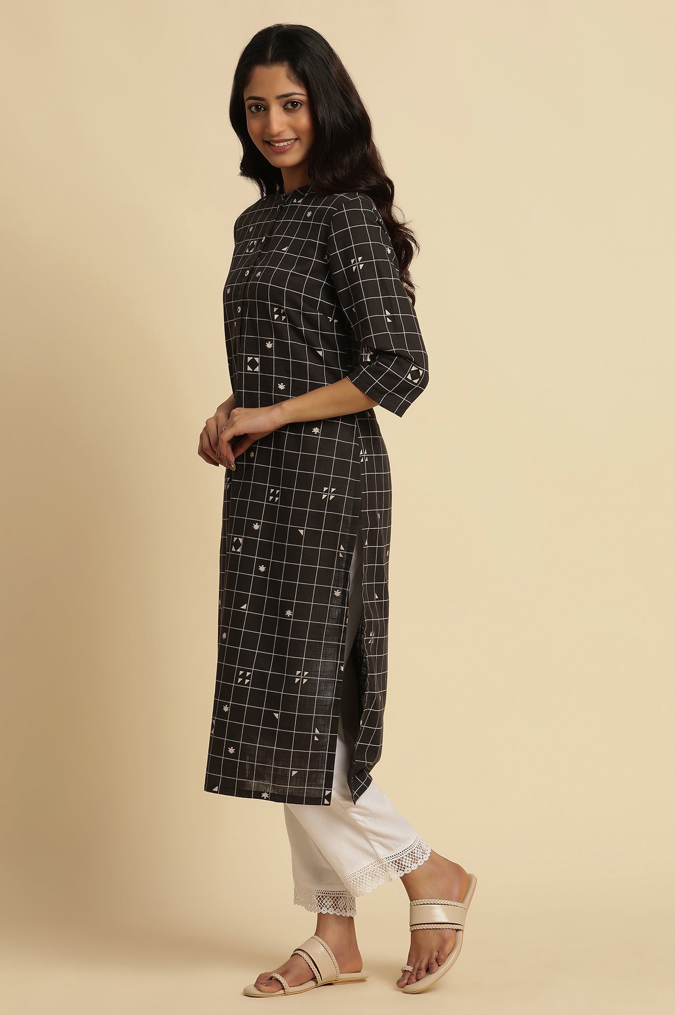 Black Cotton Geometric Printed Summer Kurta