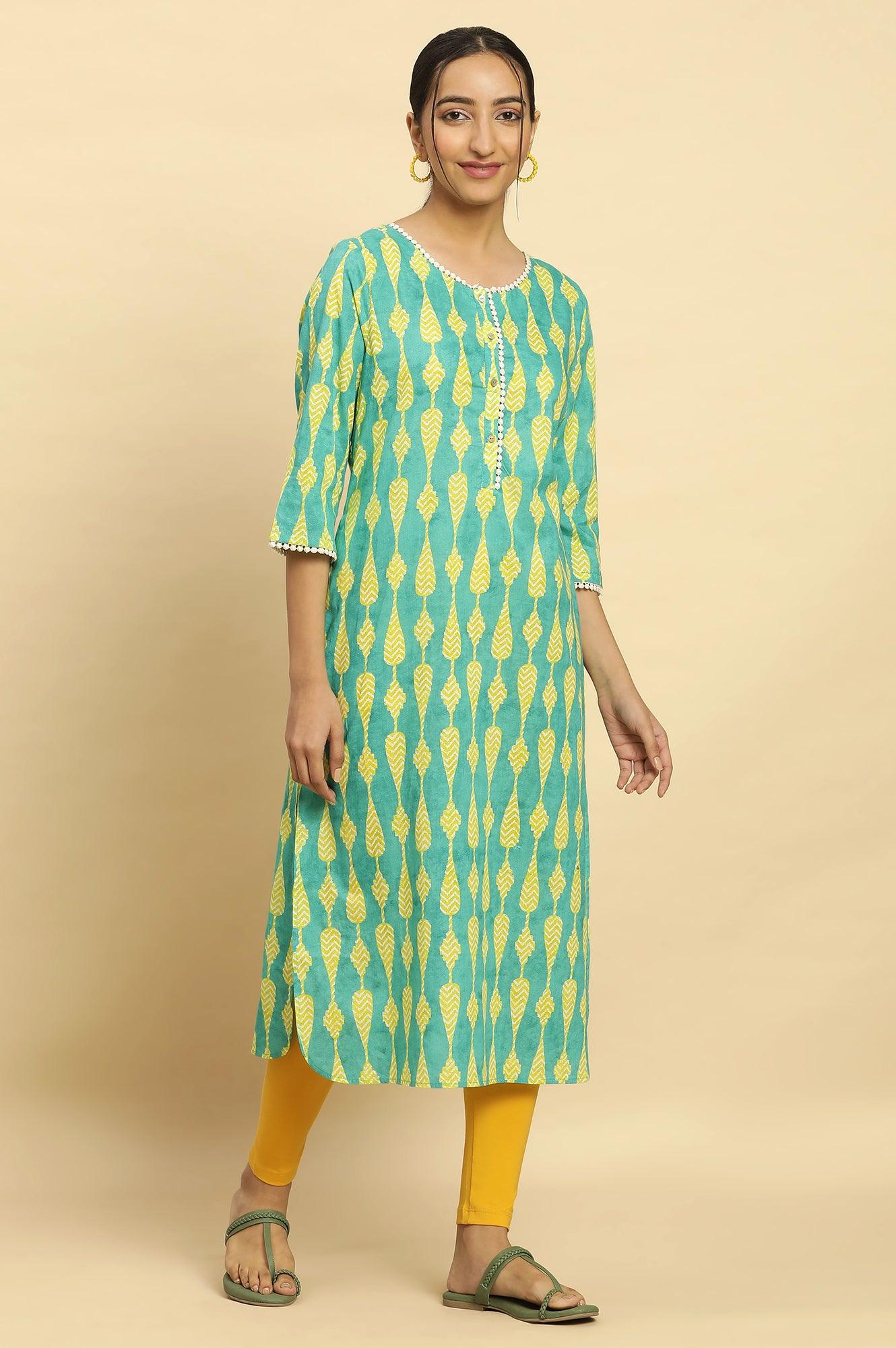 Green Geometric Printed Cotton Kurta - wforwoman