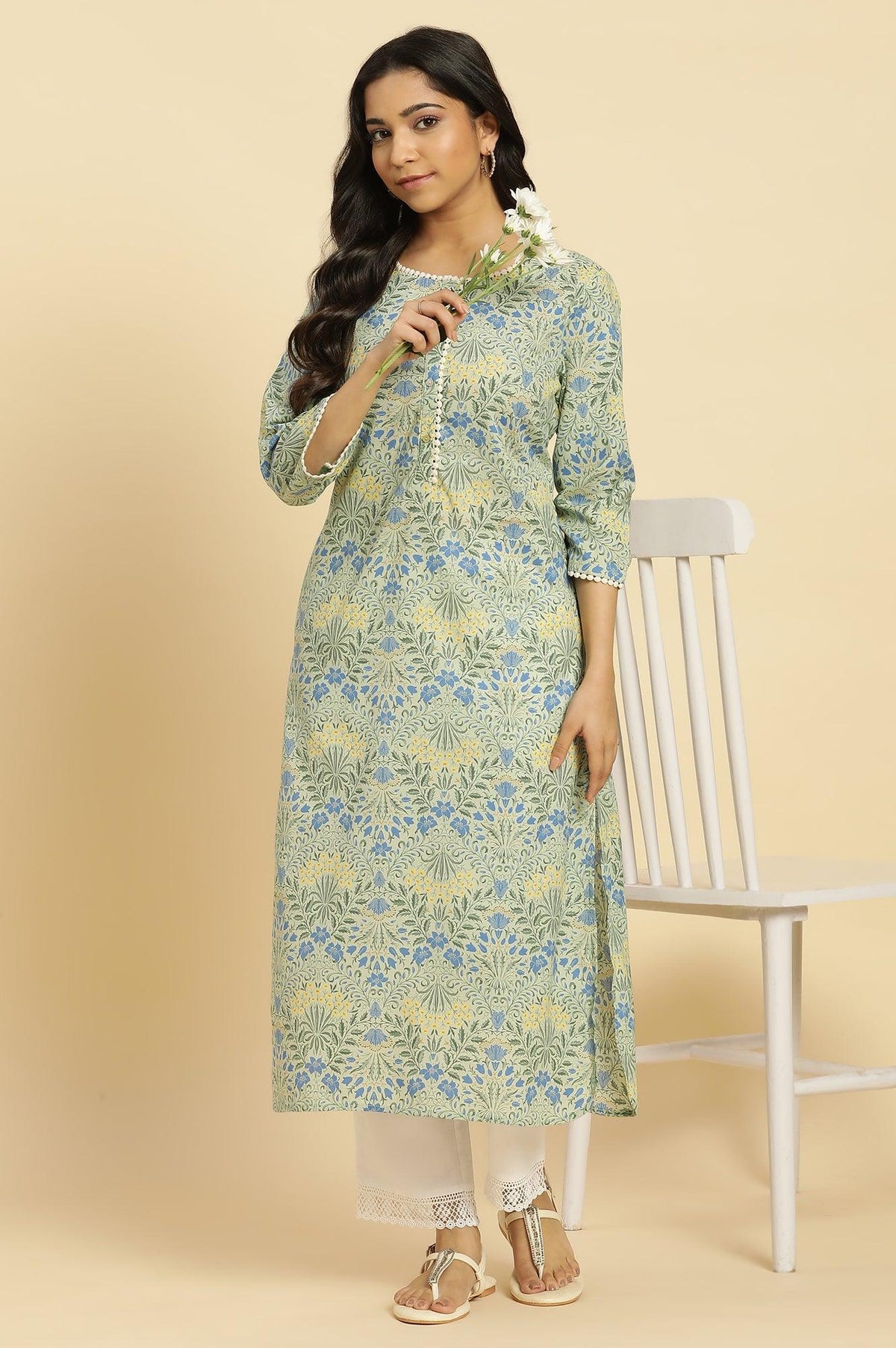 Light Green Printed Cambric Kurta With Lace