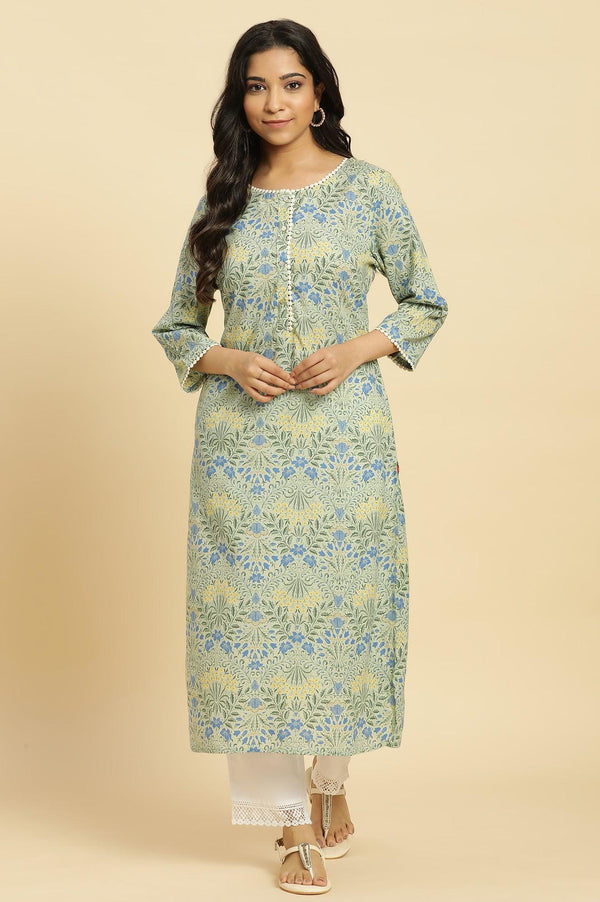 Light Green Printed Cambric Kurta With Lace