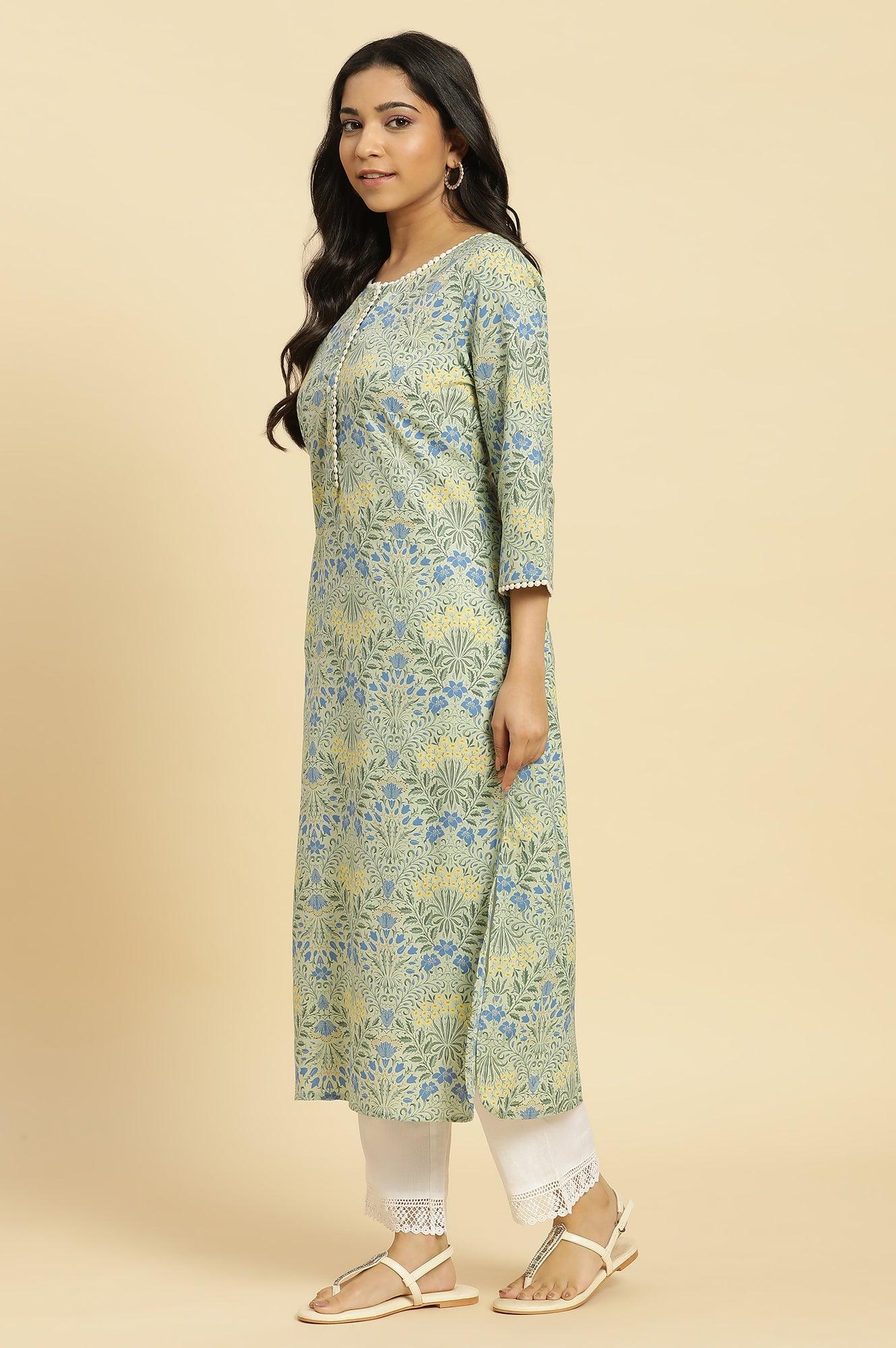 Light Green Printed Cambric Kurta With Lace - wforwoman
