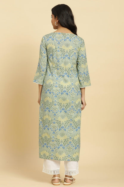 Light Green Printed Cambric Kurta With Lace - wforwoman