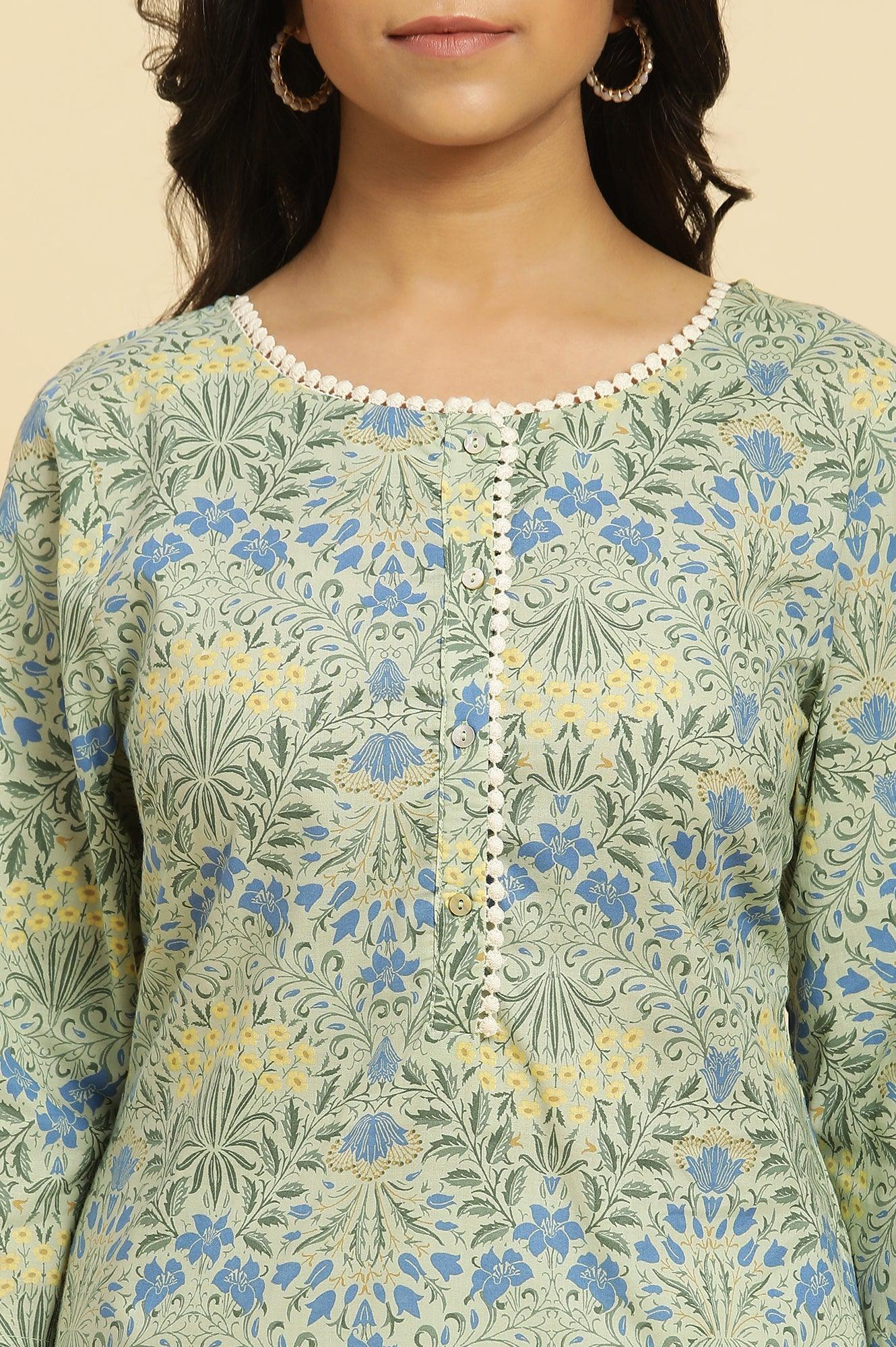 Light Green Printed Cambric Kurta With Lace - wforwoman